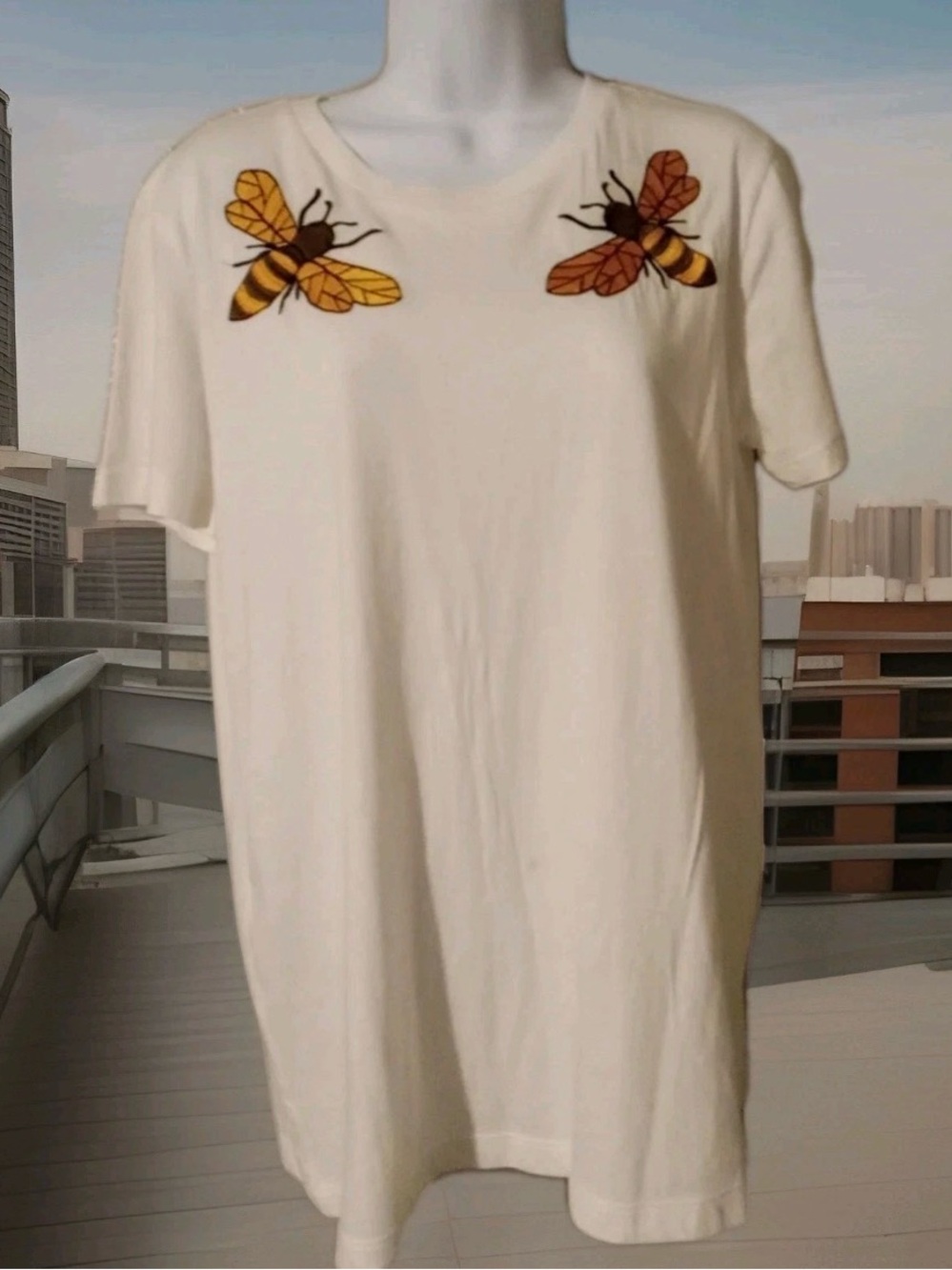 Womenβs White Short-Sleeve Tee with Yellow Bee Motif